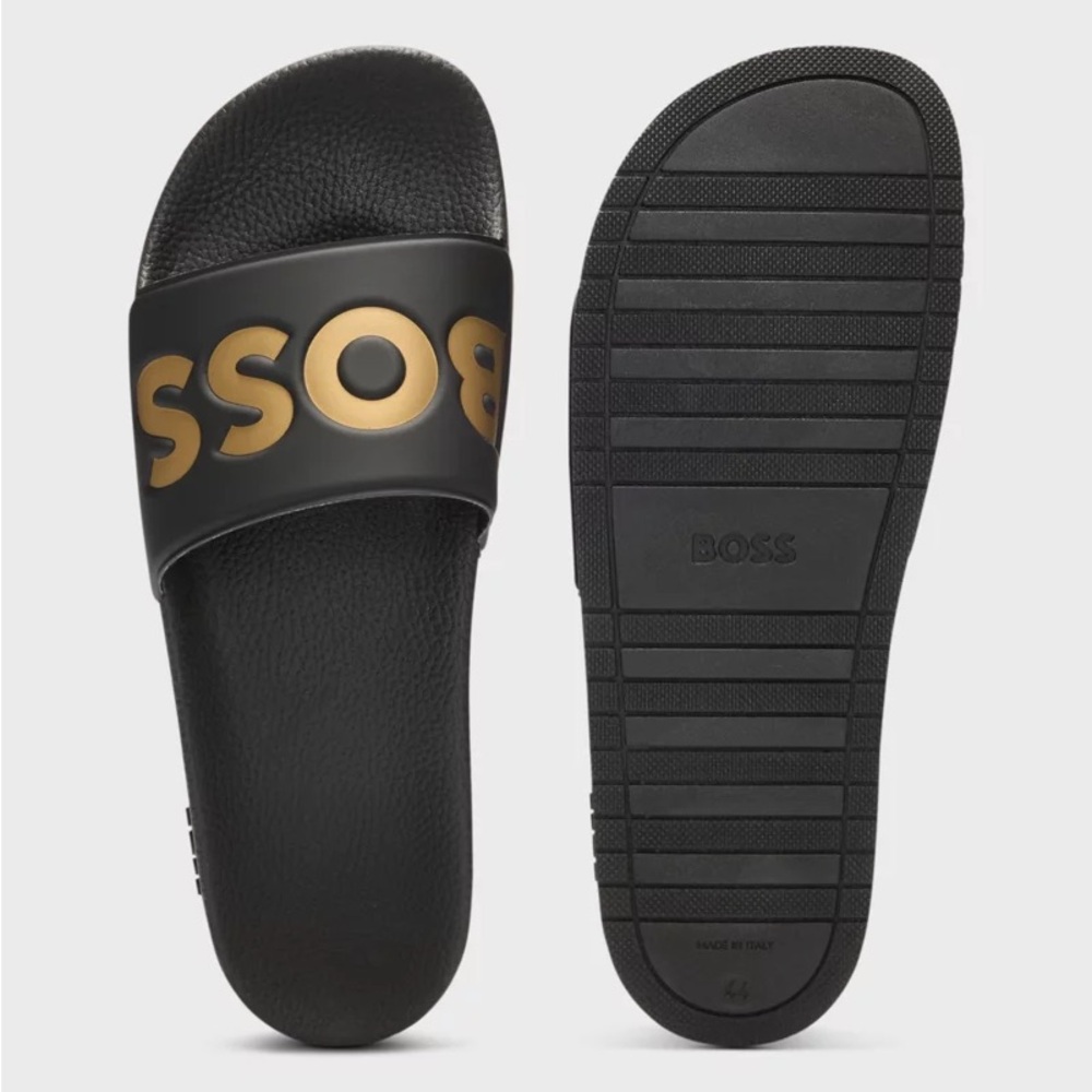 BOSS Black and Gold Slide Sandals NWT